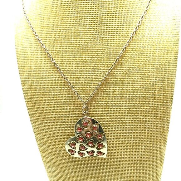 Silver-tone Heart Necklace Red Rhinestones - Picture 14 of 15